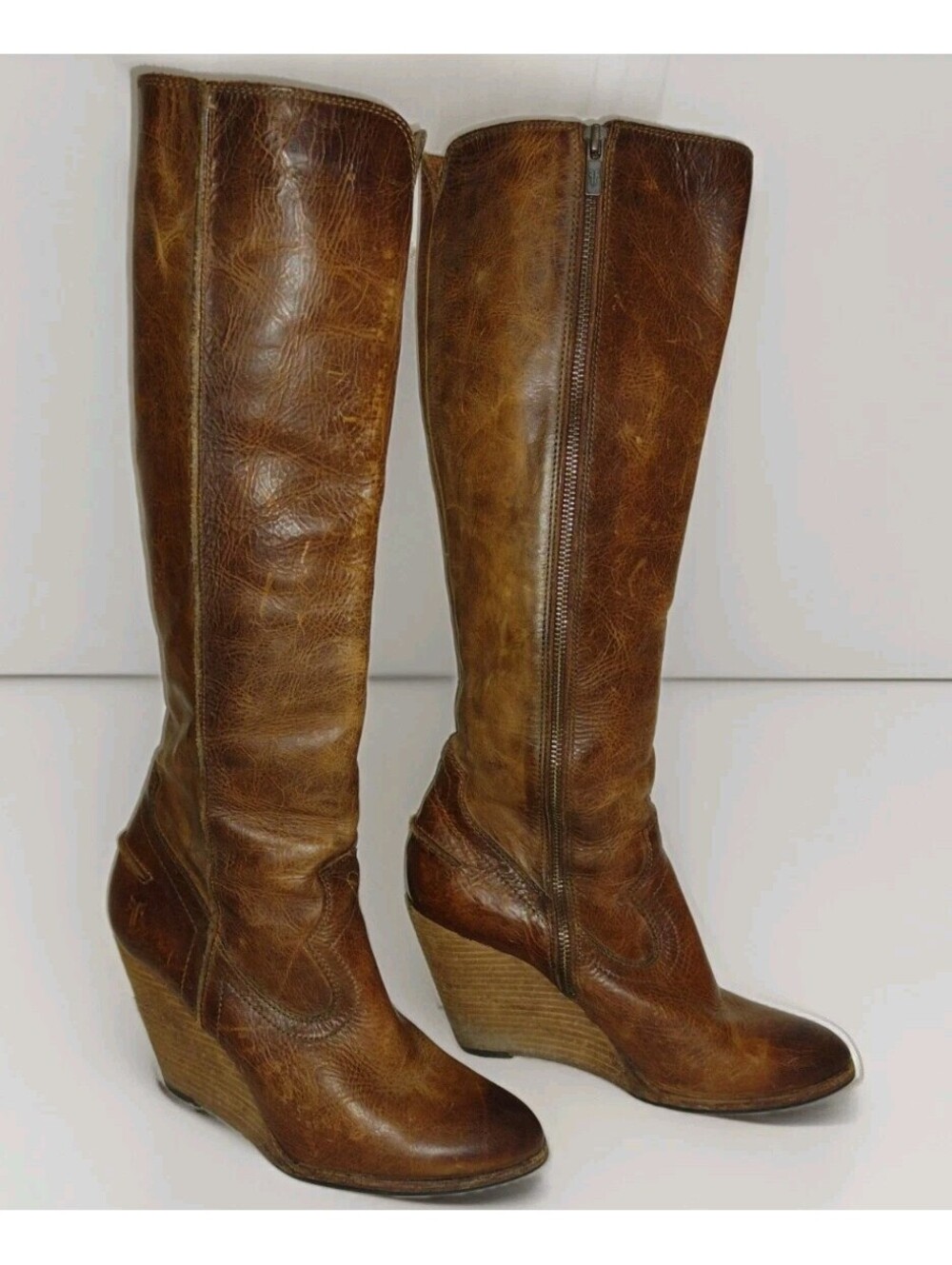 Frye Womens CeCe Tall Seam Boots 8.5 Cognac Leather Wedge Western Boho
